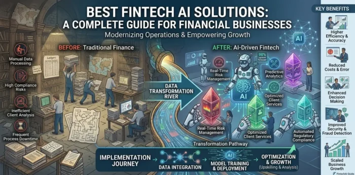 Infographic explaining best Fintech AI solutions for financial businesses and digital transformation.